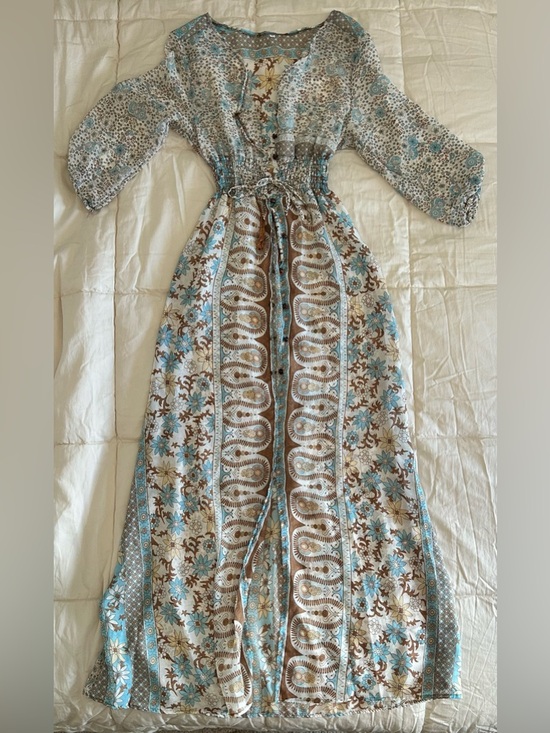 Dresses & Skirts - Boho V-Neck Floral Maxi Dress in Blue and Brown